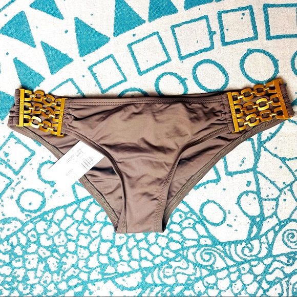 L*SPACE Jet Setter Gold Chain Side Hipster Bikini Bottom in Taupe Size Small - Picture 2 of 7